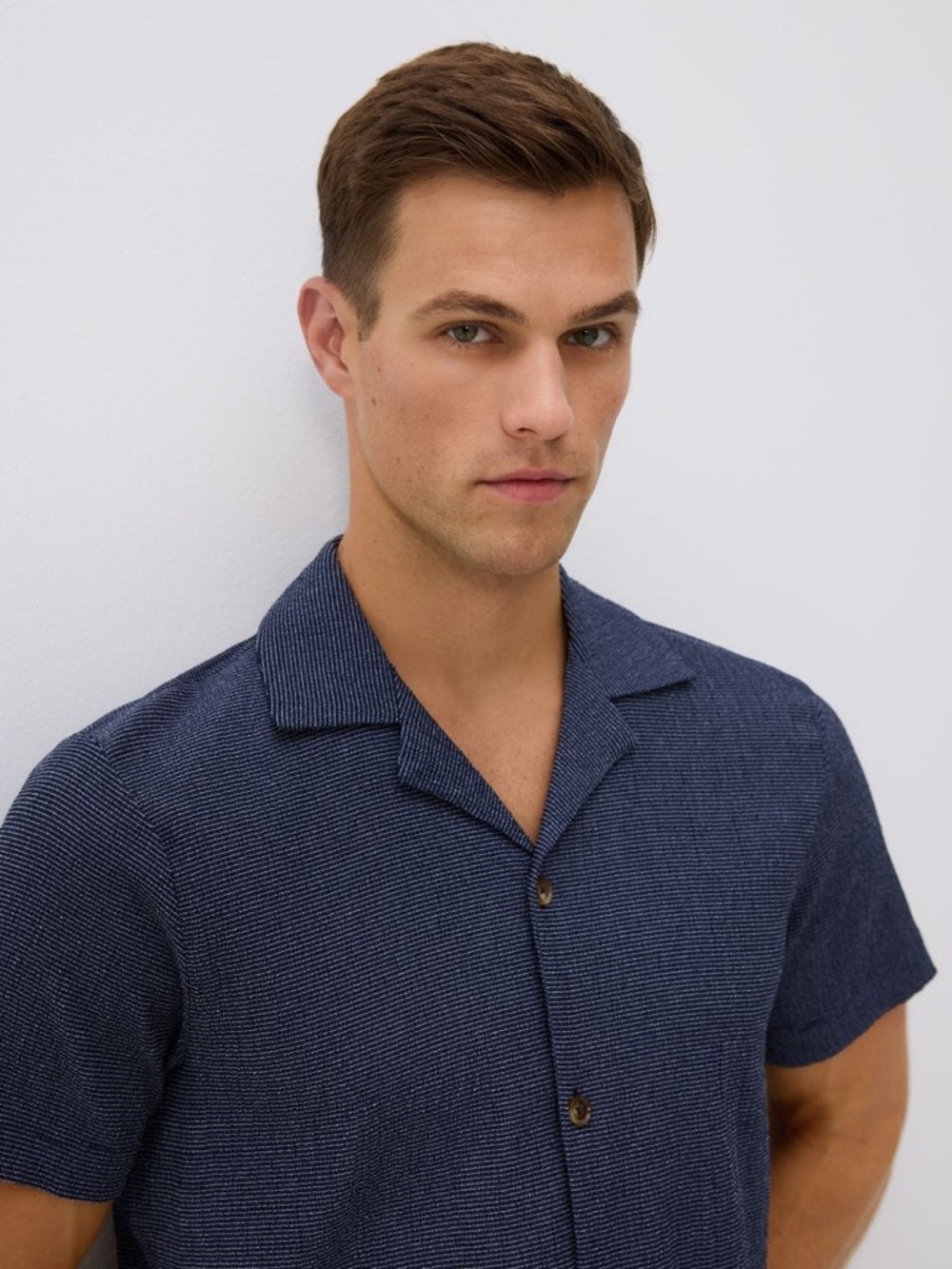 Reserved Navy Micro Check Short Sleeve Button Front Camp Collar Shirt